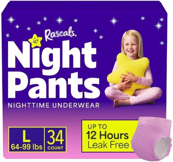 Rascals Night Pants, Absorbent Girls Nighttime Bedwetting Underwear, (M/L Size, 34 Count)