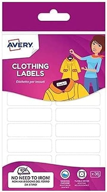 Avery Clothing Labels, name labels, stick on school labels, no ironing or sewing, 45 x 13 mm, 36 Labels Per Pack, White