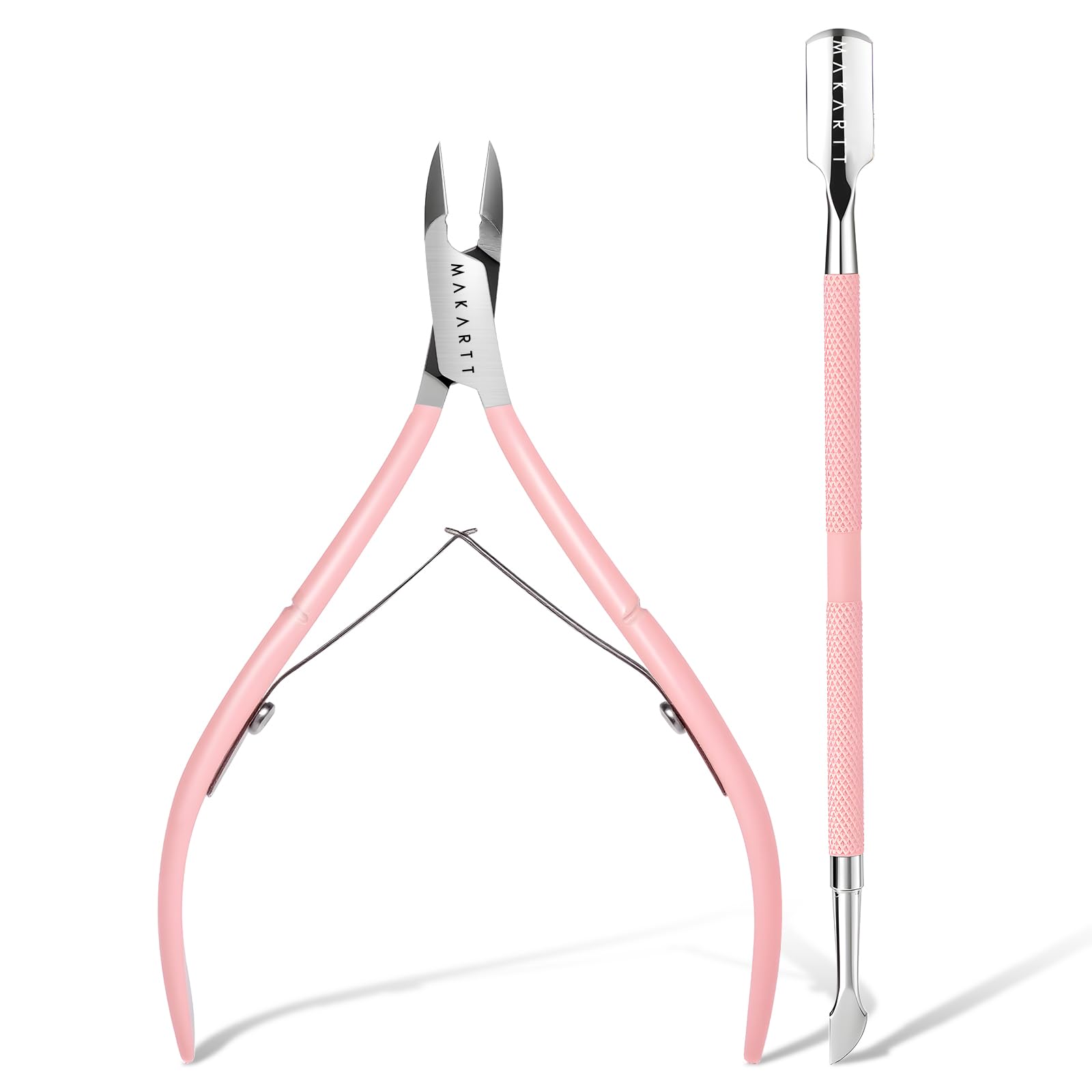 Cortadora de cutículas con empujador de cutículas, pinza de cutículas de acero inoxidable con doble resorte, mango ergonómico, hoja de 0.276 in y empujador de doble extremo para cuidado de