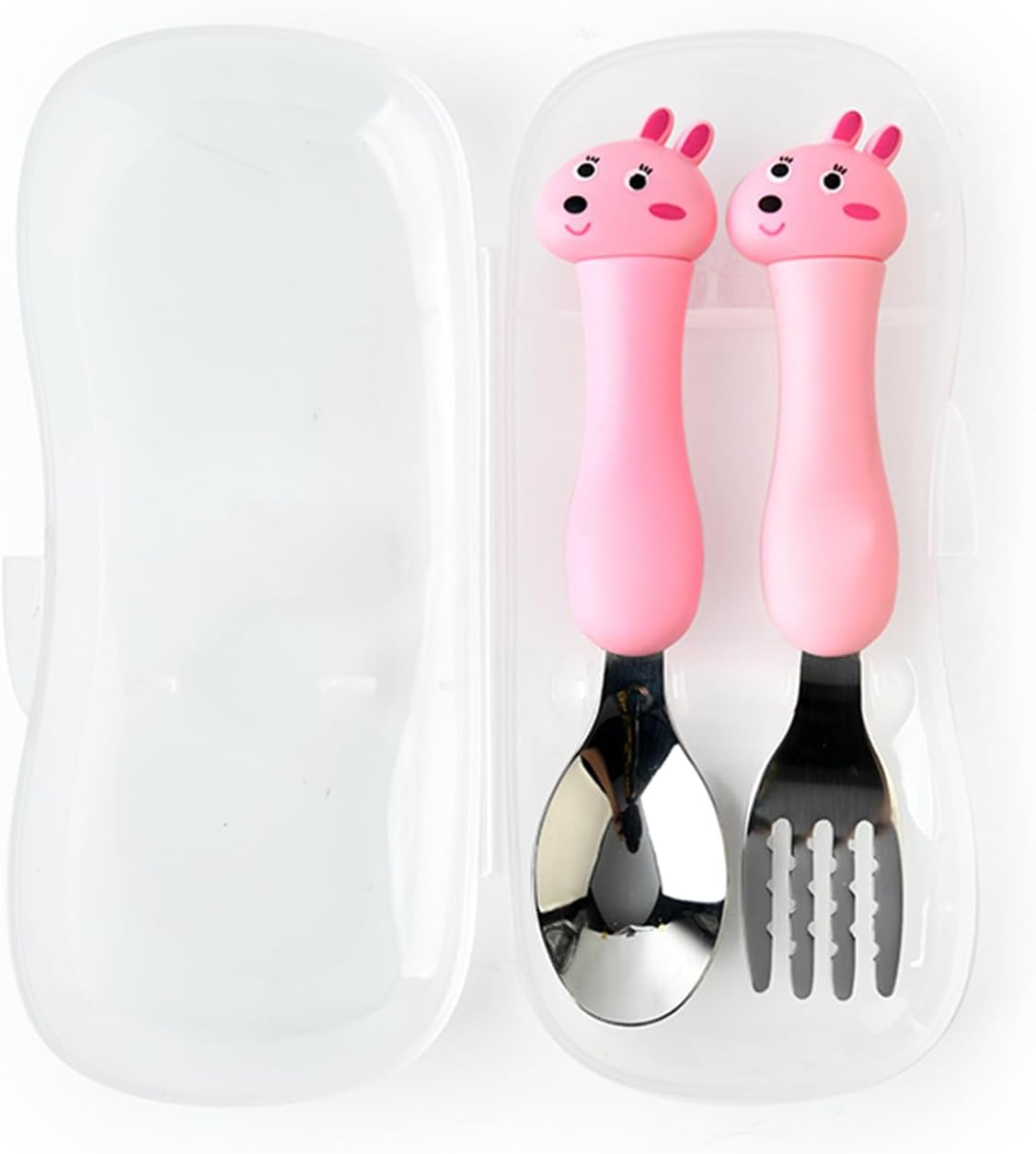 Dioche 2Pcs Kids Travel Carry Set – Portable Tableware for Children – Safe Stainless Steel Spoon & Fork Set with Adorable Animal Designs – Ideal for Daycare & School Use (Brown)