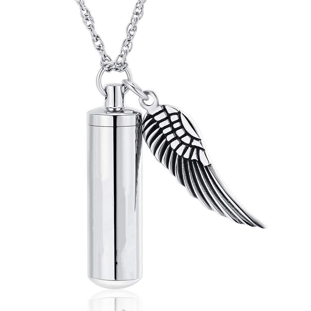 Unisex Cylinder Urn Necklace with Angel Wing Charm Stainless Steel Memorial Cremation Jewelry for Ashes Holder