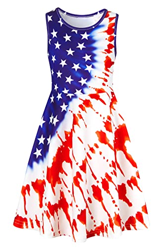 Enlifety Girls 4th of July Dress Sleeveless Patriotic Dresses USA Flag Sundress for Kids Girl 4-13 Years