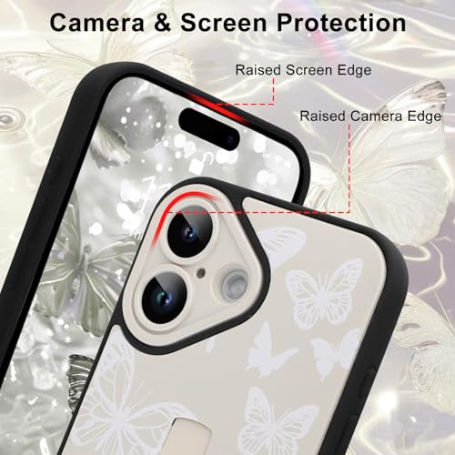 Image of for iPhone 16 Case with Finger Strap Holder, Cute Cool Butterfly Print Pattern Design for Women Men, Shockproof Anti Scratch Hand Kickstand Protective Cover, White