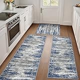 GENIMO Kitchen Rugs Sets of 3 Non Slip Washable Kitchen Mats for Floor, Waterproof Abstract Kitchen Runner Rug, Floor Mat Carpet for Hallway, Laundry, Sink, Entryway, Bathroom, Blue&Ivory