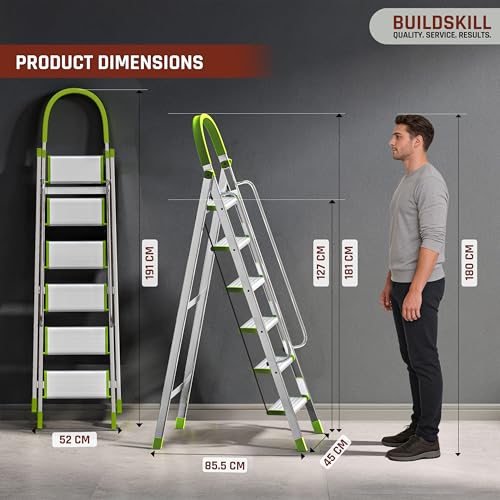 Image of BUILDSKILL Aluminium Ladder for Home 6 Steps | 35x16cm Wide Anti-Slip Aluminium Steps | Stainless Steel Body | Handrails | Load 150 Kg| Foldable Lightweight 6.5KG Ladder for Kitchen, Office & Home