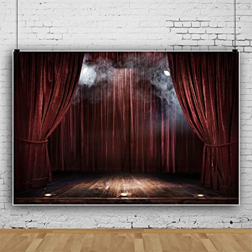 YongFoto 10x8ft Vinyl Stage Scenes Photo Backdrop Brown Curtain Wood Floor Smoky Spotlight Magic Theater Stage for Party Event Photography Video Film Photoshoot Background Studio Props Wallpaper - Image 2
