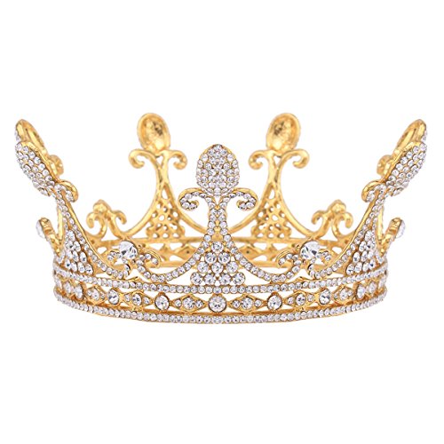 FUMUD King Queen Crown Rhinestone Tiara Head Jewelry Quinceanera Crown Bride Wedding Mariage Hair Accessories (Gold)