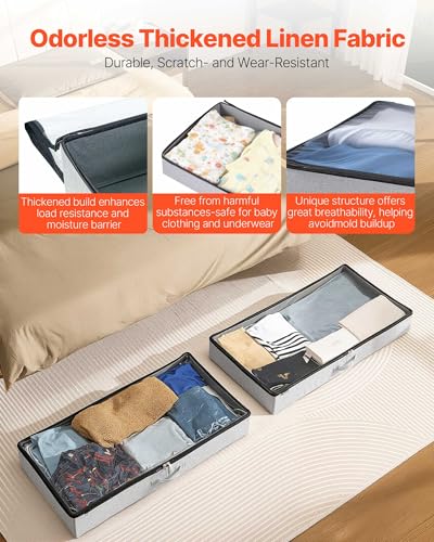 Image of VEVOR Under Bed Storage with Clear Lids, 33.5 x 16.9 x 4.7 Inch, 45L Large Underbed Clothes Storage Containers, Low Profile Under Bed Drawer Shoe Organizer Bins Box for Blanket Shoe Bedroom, 2 Pack