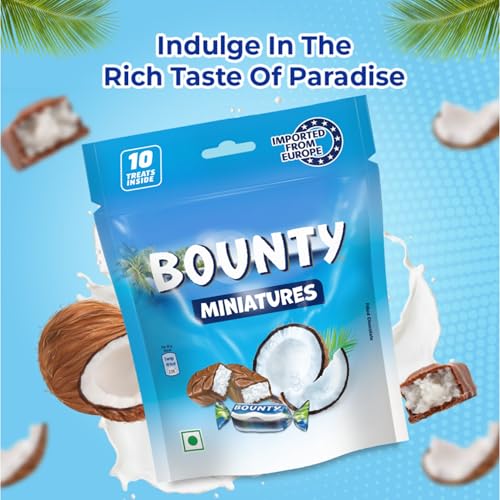 Image of Bounty Miniatures Filled Chocolate Pack | Imported Chocolates | Soft & Tender Coconut in the Centre | Premium Chocolate | 10 Mini Coconut Bars | 100 g | Pack of 4