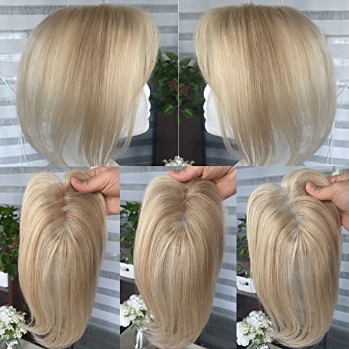 Nexyshe 10'' Hair Toppers for Women Real Human Hairtoppers Hair Pieces for Women with Thinning Hair Human Hair Toppers with Bangs Clip in (Honey Bleach Blonde Mix) - Image 4