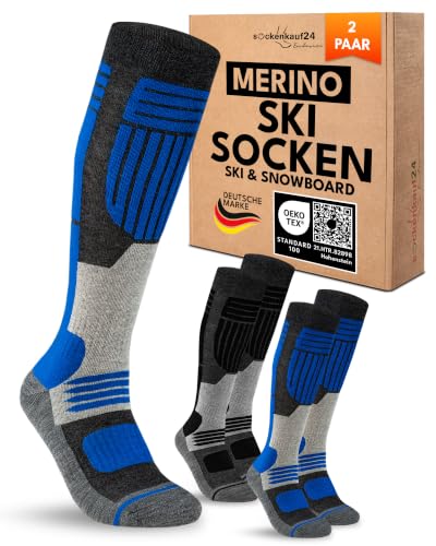 sockenkauf24 Herren Merino Skisocken 39-42 (2 Paar) Thermo Winter Kniestrümpfe mit Polsterung für Ski und Snowboard (Schwarz/Blau)