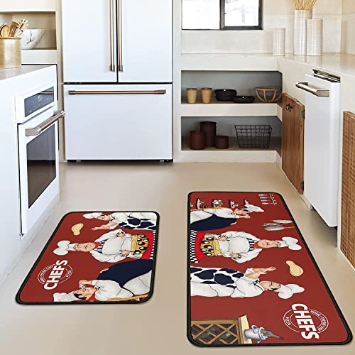 Faptoena Fat Chef Kitchen Rugs And Mats Sets Of 2,Red Kitchen Decoration Rugs,Rubber Backing Non-Slip Floor Mat For Sink Washable Waterproof Laundry Room Runner Rugs #TOP4