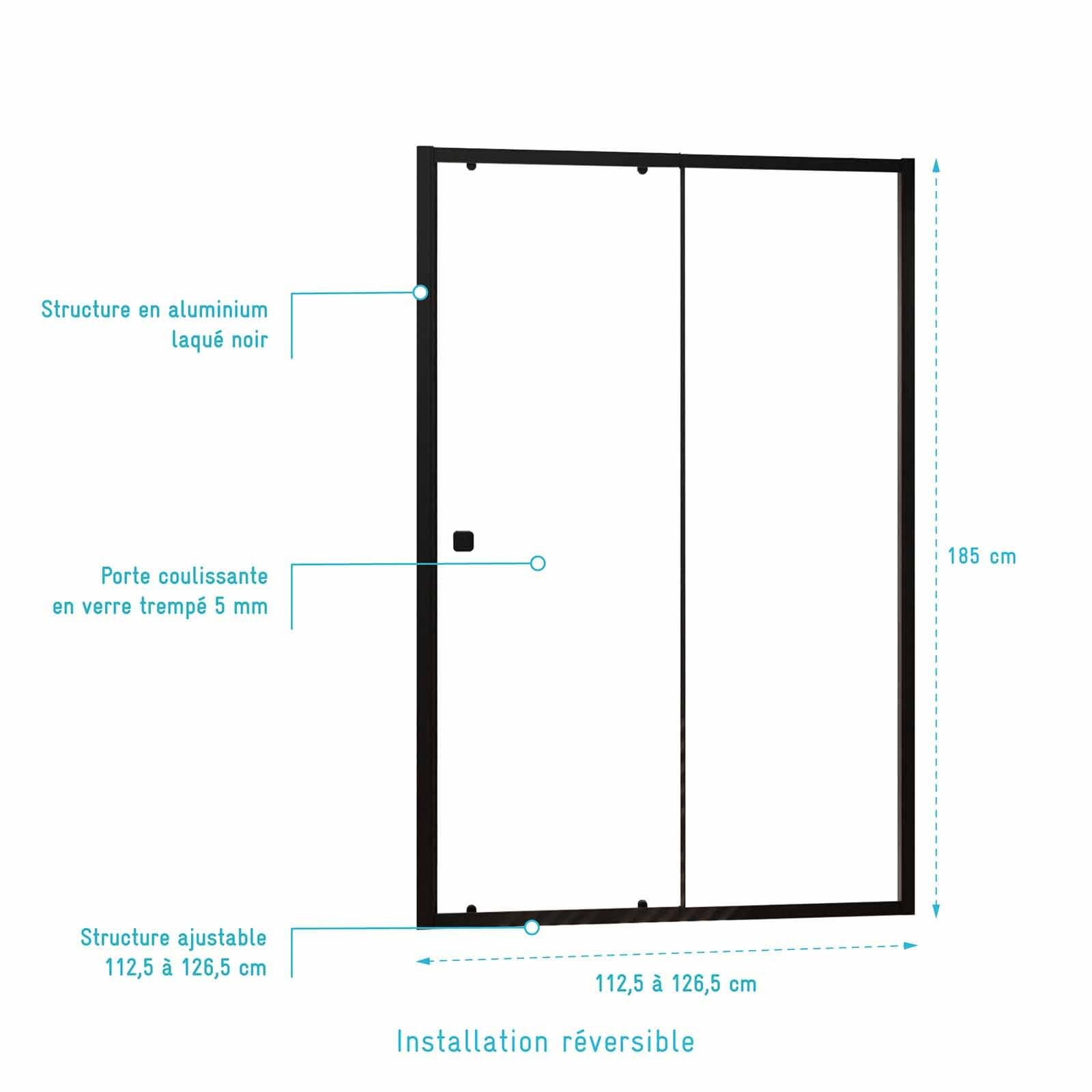 Porte de douche coulissante Noir 120x185cm - Extensible de 112.5 à 126.5 cm - BLACK SLIDE 120