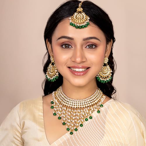 Image of Peora Kundan & Beads Studded Necklace Earrings & Maangtikka Set Ethnic Jewellery for Women & Girls