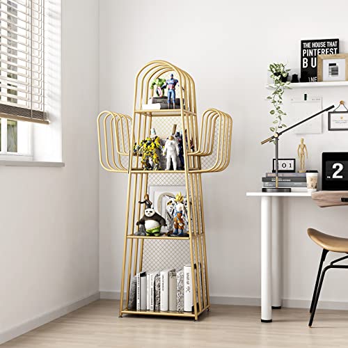 Doorxif 4-Tier Gold Bookshelf Freestanding, Cactus Bookcase 4 Cube Storage Organizer Closet Metal Display Cabinet, Corner Bookshelf For Small Spaces, Gold Bookcase For Bedroom Office #TOP5