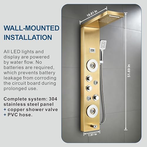 Image of ELLO&ALLO Stainless Steel Shower Panel Tower System,LED Rainfall Waterfall Shower Head 6-Function Faucet Rain Massage System with Body Jets, Brushed Gold
