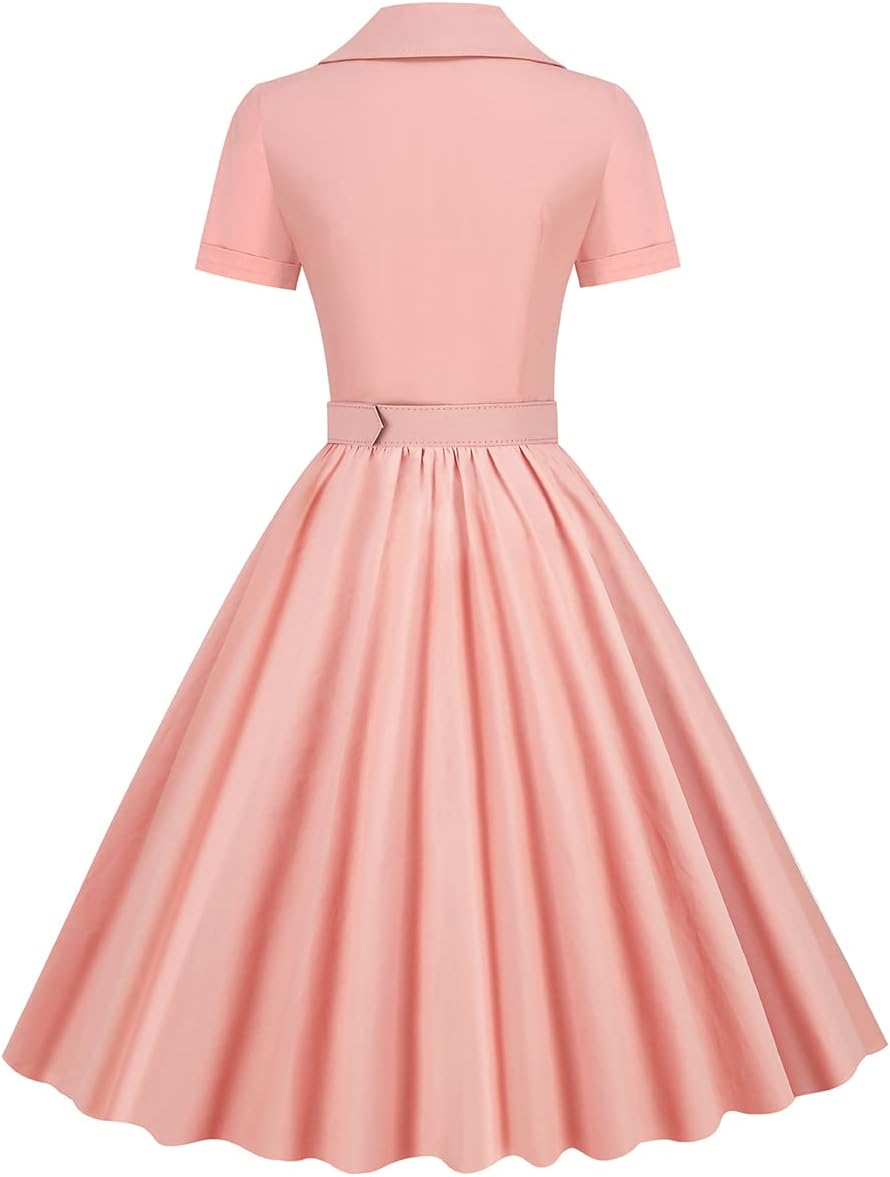 Women Notched Lapel Collar 50s Vintage Cocktail Swing Dress with Belt Short Sleeve Buttons Up 1950s Rockabilly Prom Audrey Hepburn Dress Knee Length Pleated Fit A Line Church Work Dress Pink-Belt L - Image 3