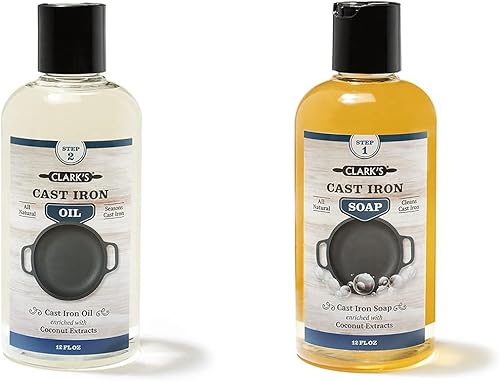 Jabón y aceite de hierro fundido de CLARK'S | Mantiene todos los utensilios de cocina de hierro fundido y carbono