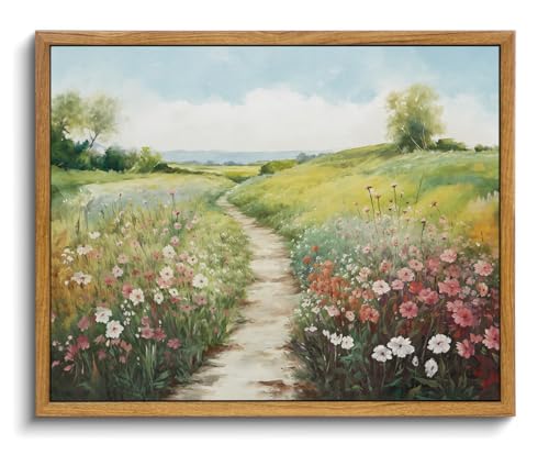 Image of KISSFOX Framed Wall Art Vintage Wall Decor Wildflower Canvas Art Landscape Pictures Floral Paintings Spring Countryside Artwork Farmhouse Prints For Bedroom Kitchen Living Room