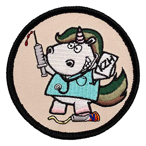 Café Viereck ® Bundeswehr Sanitäter Einhorn mit Spritze Fun Patch Gestickt mit Klett - 8 cm