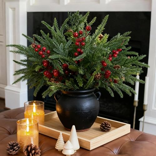 Branches de pin artificielles de Noël avec baies rouges, lot de 12 de 45 cm pour vase