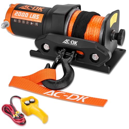 Image of 12V 2000-lb. ATV /UTV Electric Winch, Off-Road Synthetic Rope Winch for Trailer Boat RV Towing Winches, ATV /UTV Winch with Big Yellow Wired Remote and Winch Mounting Plate.