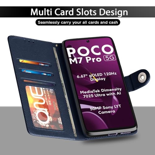 Image of Pikkme Flip Cover Leather Finish | Inside TPU with Card Pockets | Wallet Stand and Shock Proof | Complete Protection Button Flip Case for Poco M7 Pro 5G(Blue)