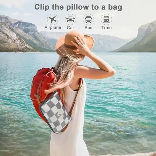 Image of Travel Blanket and Pillow Compact, Premium Soft 2 in 1 Airplane Blanket with Soft Bag Pillowcase,Hand Luggage Sleeve and Backpack Clip (Grey Checkered)