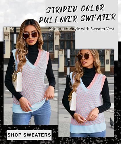 Image of MARZXIN Women Sleeveless Sweater V Neck Casual 2026 Fall Knitted Chevron V Neck Sweater Vest Color Block Pullover Sweater Top