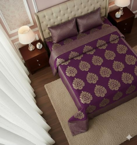 Image of Fresh from Loom Bed Cover, Dimas Print Printed Bedsheet Set with 2 Pillow Covers, Chenille 500 TC Fabric, Soft Comfortable Bed Cover for Bedroom Decor, Br 90x100 Inches | Jhumka Purple | Chenille