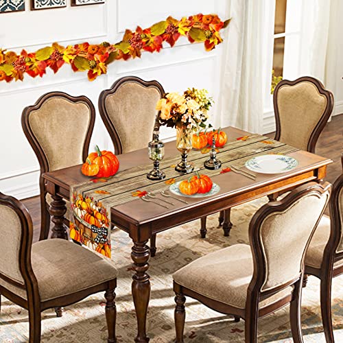 Acsenceter Fall Thanksgiving Pumpkin Table Runner 72 Inches Long, Buffalo Plaid Bow Wood Board Burlap Farmhouse Party Holiday Dining Table Decoration For Home Decor 13X72 In #TOP2