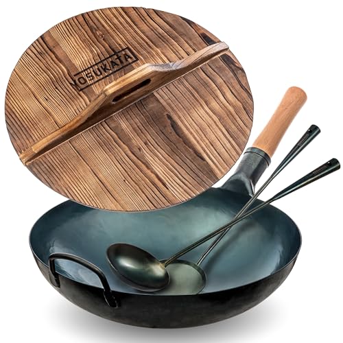 Image of YOSUKATA Blue Round Bottom Wok Pan – 14" +Pre-Seasoned Wok Utensils Set - Blue Carbon Steel 17-inch Spatula Ladle, 3 pairs of Chopsticks