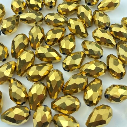 Honkoolly 200pcs 4x6mm Teardrop Crystal Glass Beads Vertical Hole Faceted Glass Teardrop Spacer Beads for Bracelets Necklace Earring DIY Jewelry Making Craft(Gold)