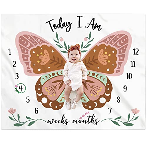Image of Eunikroko Boho Baby Blanket Butterfly Monthly Milestone Bohemian Floral Girl Photo Prop Sage Green and Pink Blanket Ideas for Baby Stuff Shower Newborn Decorations