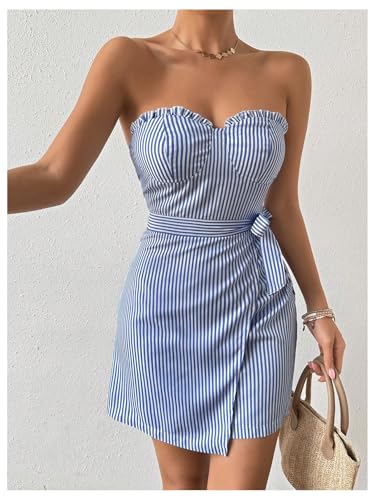 Floerns Women's Striped Frill Trim Tube Dress Strapless Wrap Front Belt Mini Dress3
