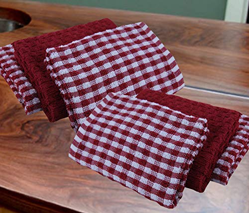 Casabella Juego de 6 paños de cocina de algodón rizado, 6 piezas, color rojo