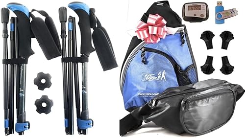 York Nordic Juego de regalo de 5 piezas para bastones de viaje plegables, videos de entrenamiento, botella de agua, podómetro, bolsa de viaje y