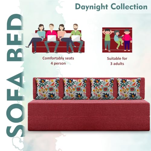 Image of Los Angeles Foldable Four Seater Sofa Cum Bed, Sofa Bed 6 X 6 Feet Jute Fabric Washable Cover- Including Cushion Perfect for Living Room - Red
