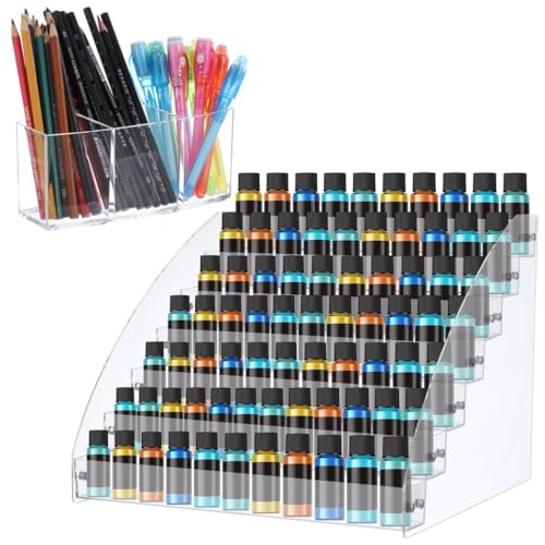 Organizer per pittura a 7 livelli con portapenne a 3 sezioni, ideale per riporre strumenti artistici, bottiglie di inchiostro e articoli di cancelleria