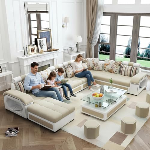 Image of Brown Maple U-Shape Sectional Sofa Set for Home | 10-Seater Fabric Sofa with Tea Table & 4 Puffy | Spacious Seating for 14 Persons | Pre-Assembled, Modern Comfort Design(White)
