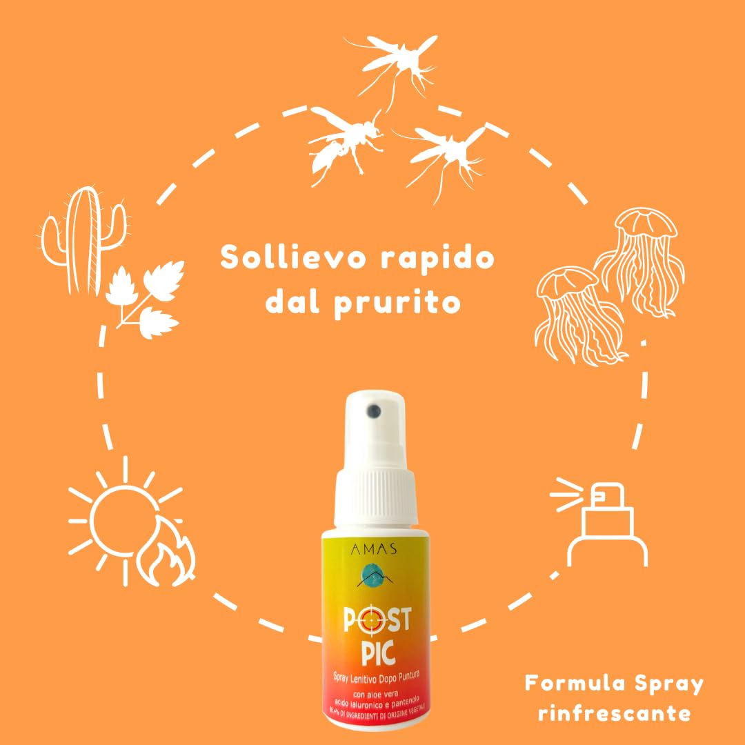 AMAS SPRAY LENITIVO NATURALE DOPOPUNTURA - ANTIPRURITO - POST PIC - Sollievo Immediato da punture di insetti, meduse, scottature e piante urticanti - con Acido Ialuronico, Aloe Vera e Pantenolo