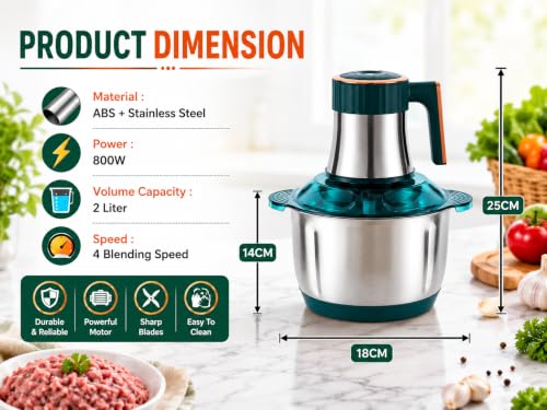Image of Electric Chopper for Kitchen 2L Electric Meat Grinder with Handle, Stainless Steel Portable Machine, 4 Sharp Blades, 4 Speed Modes, 800W Heavy Food Chopper for Meat, Vegetables Mixer Grinder Blender