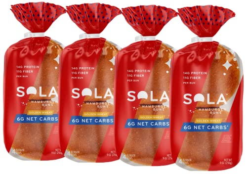 Sola Low Carb & Keto Friendly Golden Wheat Hamburger Buns, 6g Net Carbs, 14g Protein, 11g Fiber Per Bun, 4/bag (Pack of 4)
