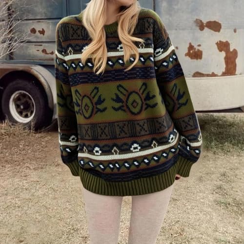 Image of Women Vintage Striped Pullover Sweater Y2k Long Sleeve Crew Neck Loose Knit Sweaters Fall Winter Knitwear