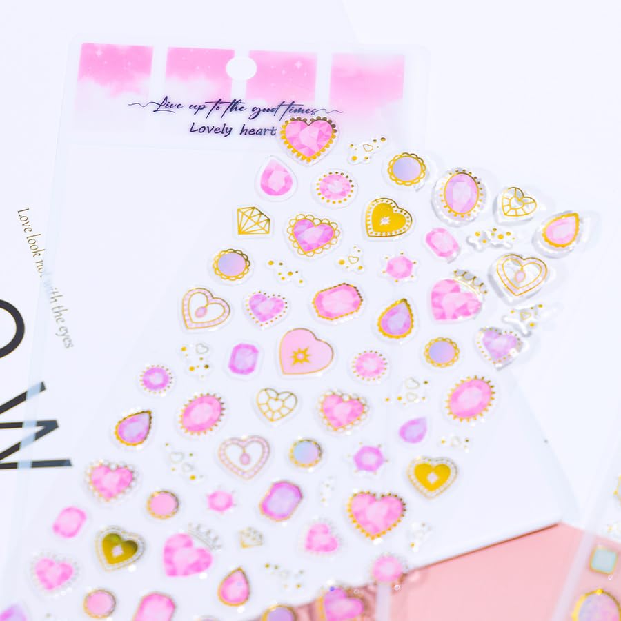 Image of Aesthetic Gem & Heart Stickers Set - Luxury Crystal Style Decorative Stickers for Journaling, Scrapbooking, Planner Decoration, Nail Art & DIY Crafts (Pastel & Gold Foil Designs)