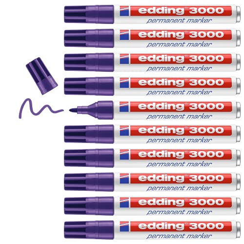 edding 3000 marcador permanente - violeta - 10 rotuladores - punta redonda 1,5-3 mm - indeleble de secado rápido - resistente al agua y a los borrones - cartón, plástico, madera, metal - universal