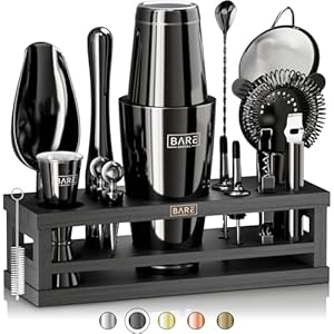 BARE BARREL® Mixology Bartender Kit Bar Set | 16-Piece Cocktail Shaker Set | Martini Barware Mixing Tools for Home Bartending | Incl. 35 Recipe Cards | Gift Set (28oz Boston Shaker, Jet Black/Black)