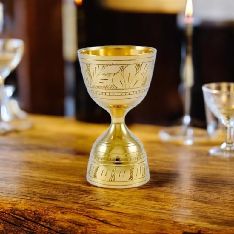Elegant Gold-Plated Hourglass Chalice with Etched Nature Design, Decorative Double Cup Display Piece, Holiday Table Centerpiece