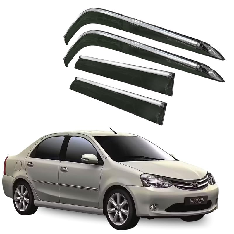 Image of CAR SAAZ Side Door Visors for Etios (2010-2020)(Set of 4Pcs)|Chrome Lined Rain Guards, Polycarbonate, Smoke Finish