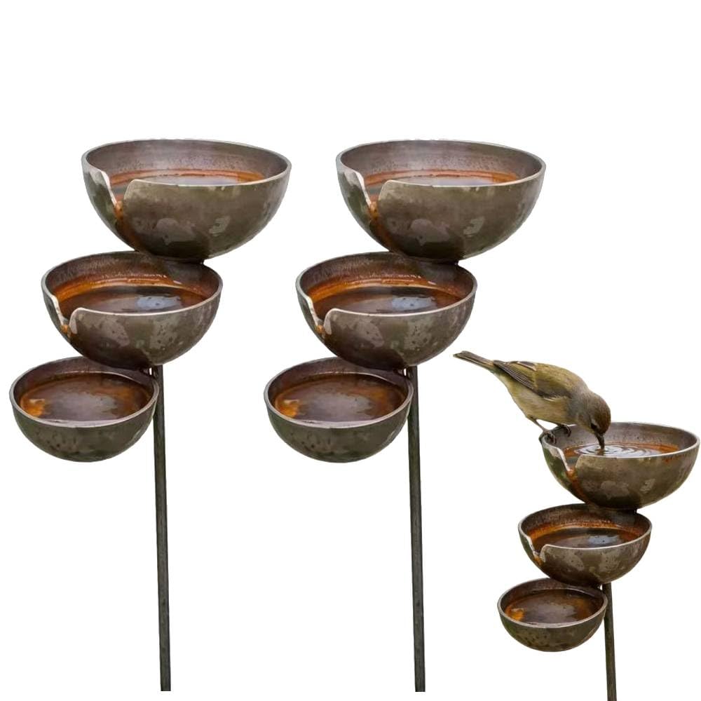 Metal Bird Bath, 3-Tier Bird Feeder Water Bowl, Decorative Butterfly & Bee Watering Station, Rusty Rain Catcher Bird Baths, Garden Stake Ornaments for Outdoor Garden Yard Patio Lawn Decor (2PCS)